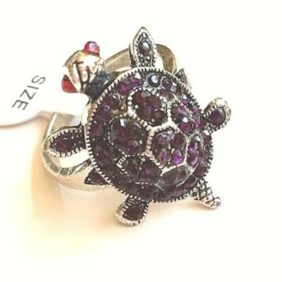 Silver Sea Turtle Ring Size 9 Purple Crystal Nautical Plated Island Beach Cute - Picture 7 of 8